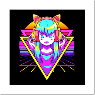 Vaporwave Anime Girl Otaku Sunset Geometric Grid Posters and Art